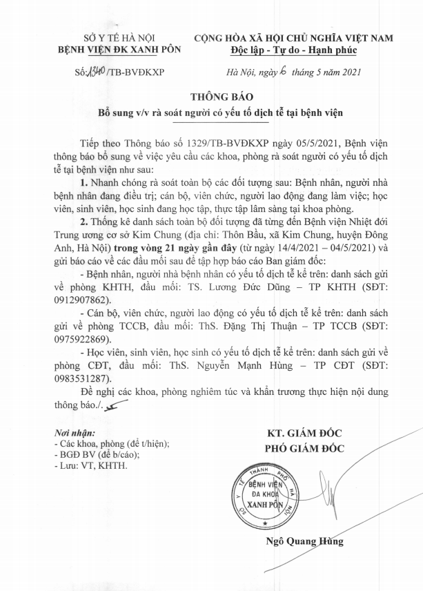 THÔNG BÁO VỀ VIỆC RÀ SOÁT NGƯỜI CÓ YẾU TỐ DỊCH TỄ TẠI BỆNH VIỆN ĐA KHOA XANH PÔN