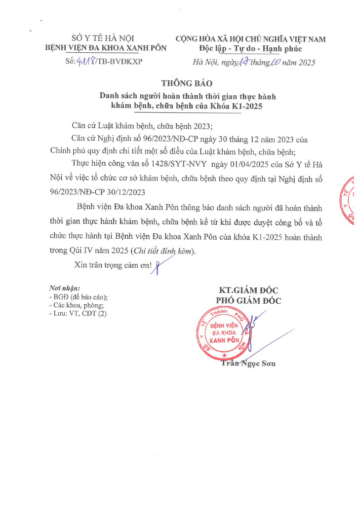 Danh sách người hoàn thành thời gian thực hành khám bệnh, chữa bệnh của Khóa K1-2025