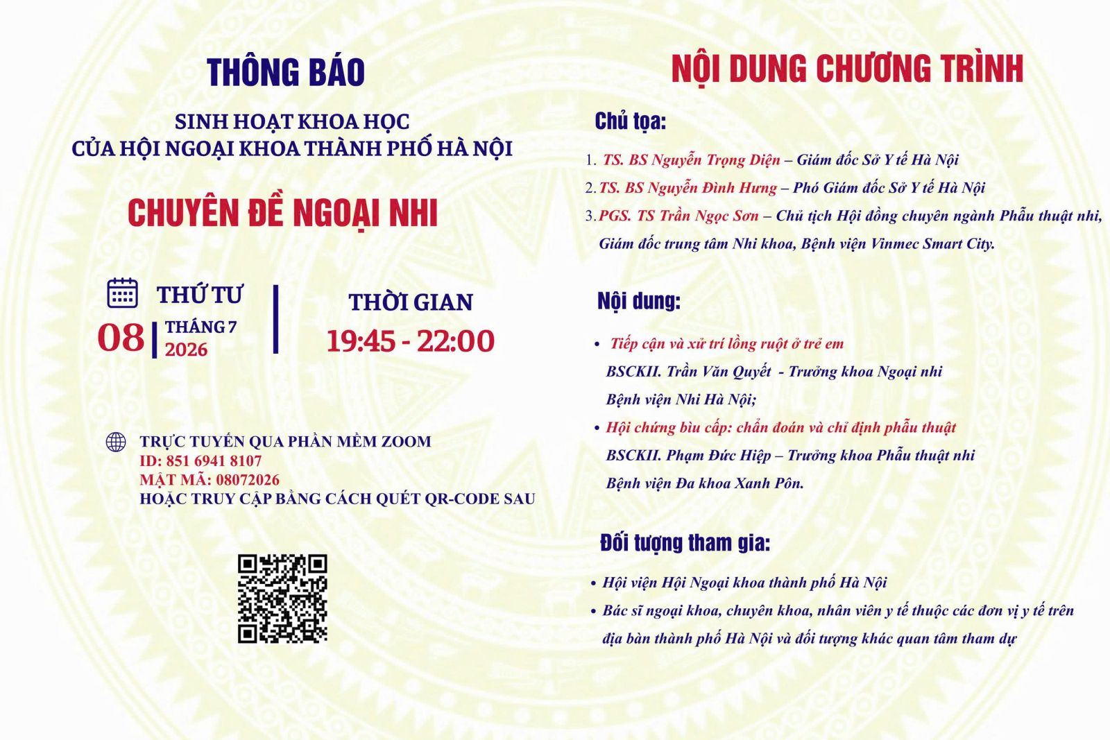 Thông báo sinh hoạt khoa học của Hội Ngoại khoa thành phố Hà Nội
