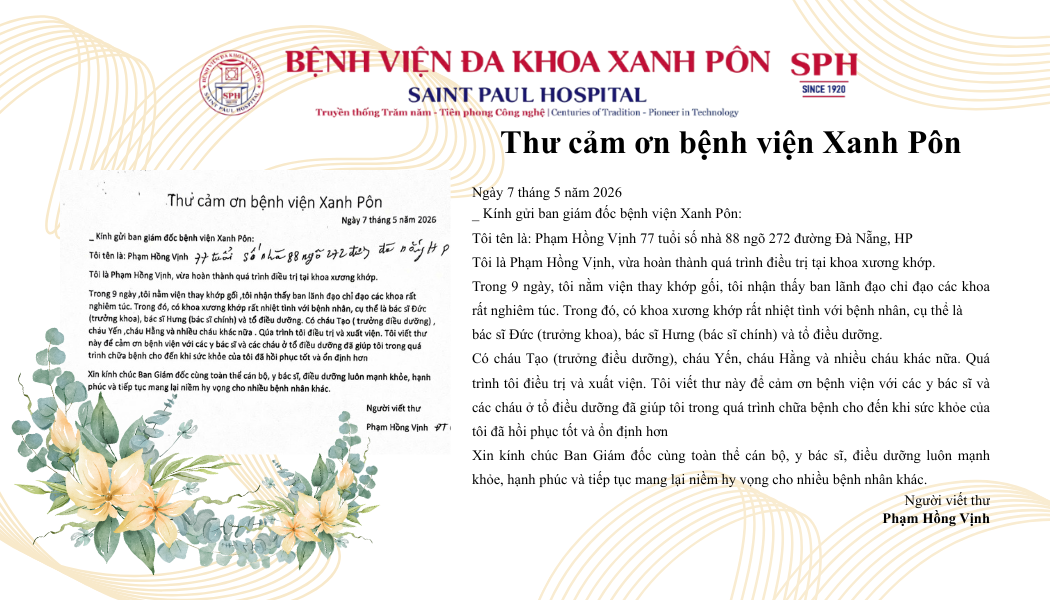 Thư cảm ơn Khoa CTCH Chi dưới & Chỉnh hình Nhi
