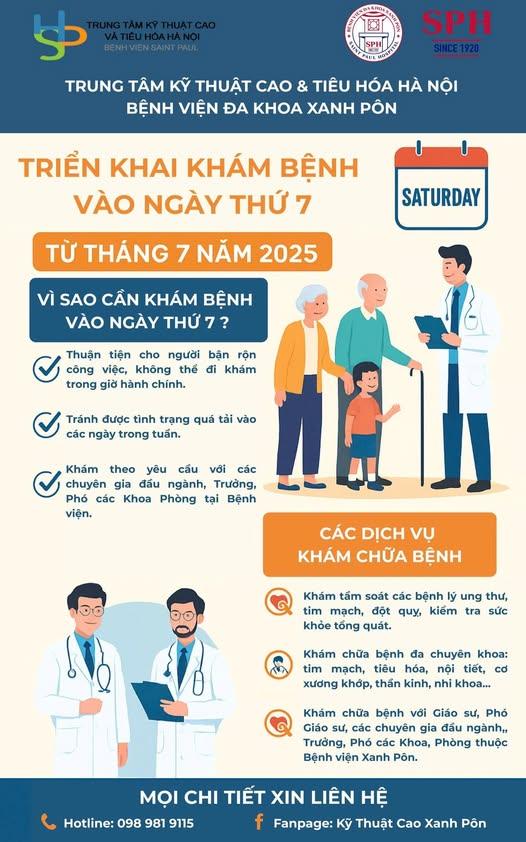Trung tâm Kỹ thuật cao – Bệnh viện Đa khoa Xanh Pôn chính thức khám cả ngày thứ Bảy từ tháng 7/2025