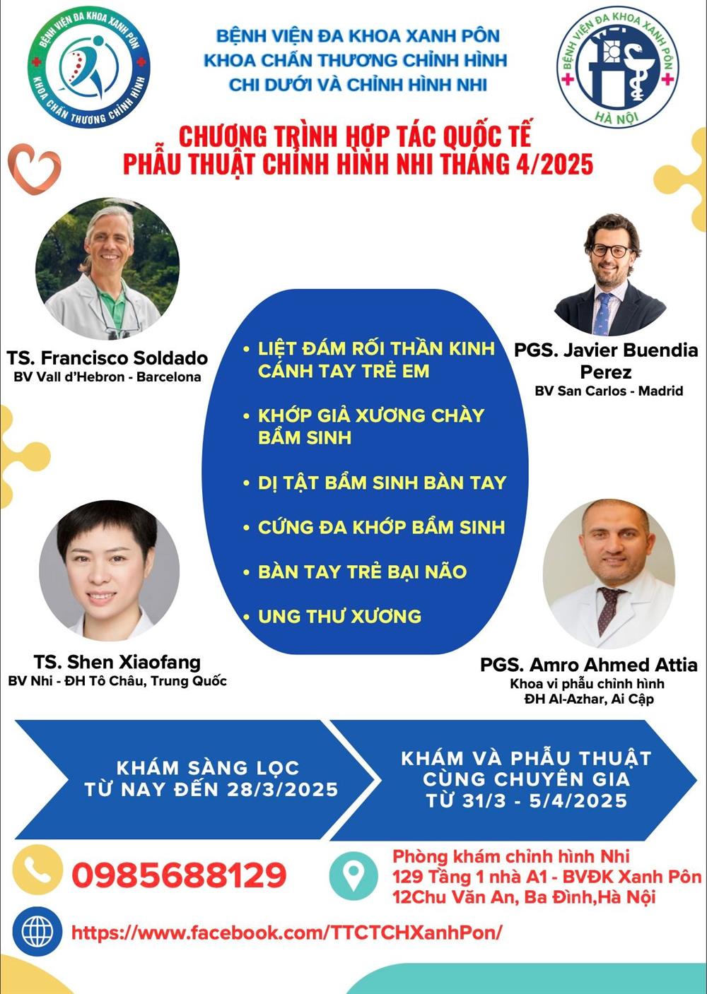 THÔNG BÁO LỊCH KHÁM VÀ PHẪU THUẬT CHỈNH HÌNH NHI THÁNG 4/2025