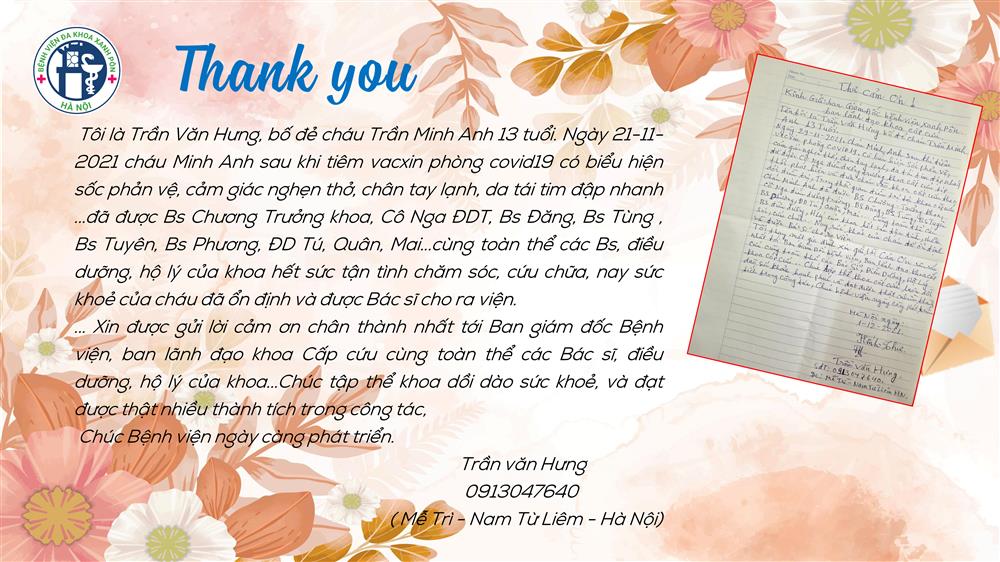 Thư cảm ơn tập thể khoa Cấp cứu